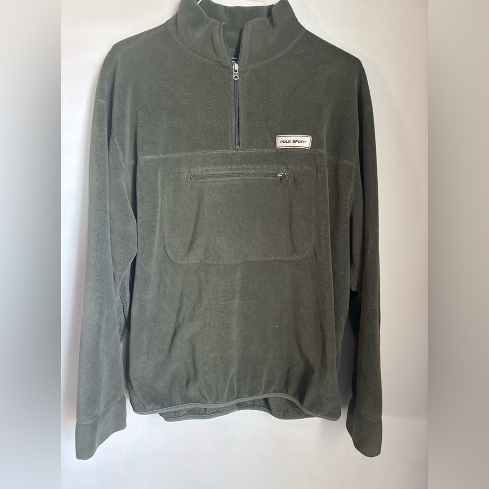 Men’s Polo Sport Quarter-Zip Olive Green Fleece Pullover w/ Front Pocket XL